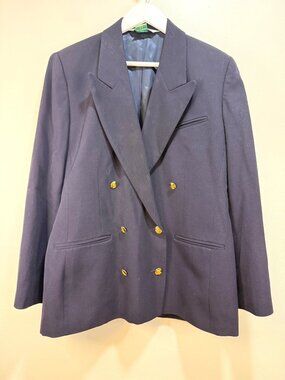 Vintage Navy Double Breasted Blazer Gold Buttons Peak Lapels Womens Sz 10/12